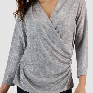 Ann Taylor Metallic Silver Wrap-Front Long Sleeve Top